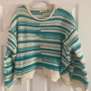 Peach Love California Striped Knit Sweater in Cream and Teal